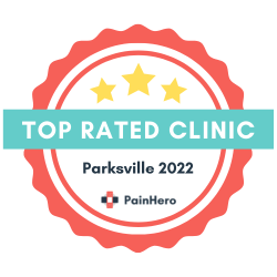 Pain hero badge for top physiotherapy clinic in Parksville, BC
