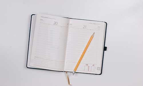 An opened daily planner with a pencil
